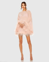 Pink Trapeze Feather Trim Mini Dress