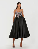 Black One Shoulder Satin Midi Dress With Beaded Flowers