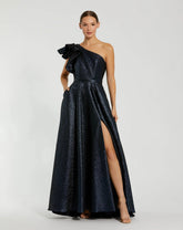 Navy One Shoulder Metallic Ball Gown
