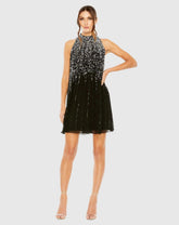 Black High Neck Sleeveless Sequin Embellished Trapeze Dress