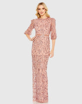 Pink Embellished Column Gown with 3/4 Sleeves